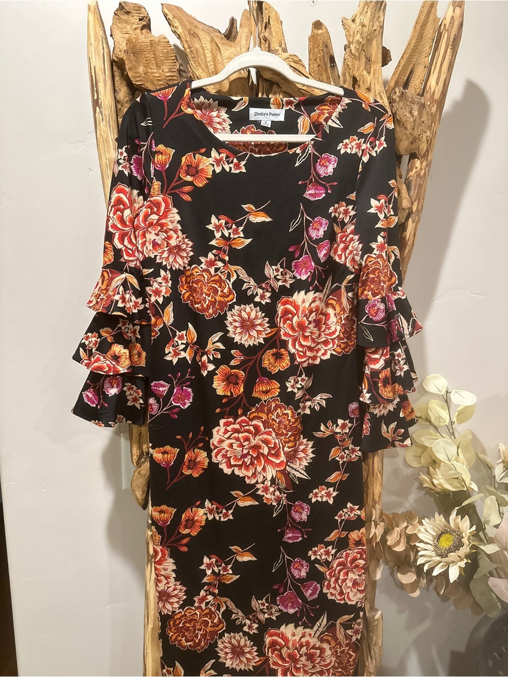 Shelby & Palmer Black Floral Ruffle Sleeve Midi Dress